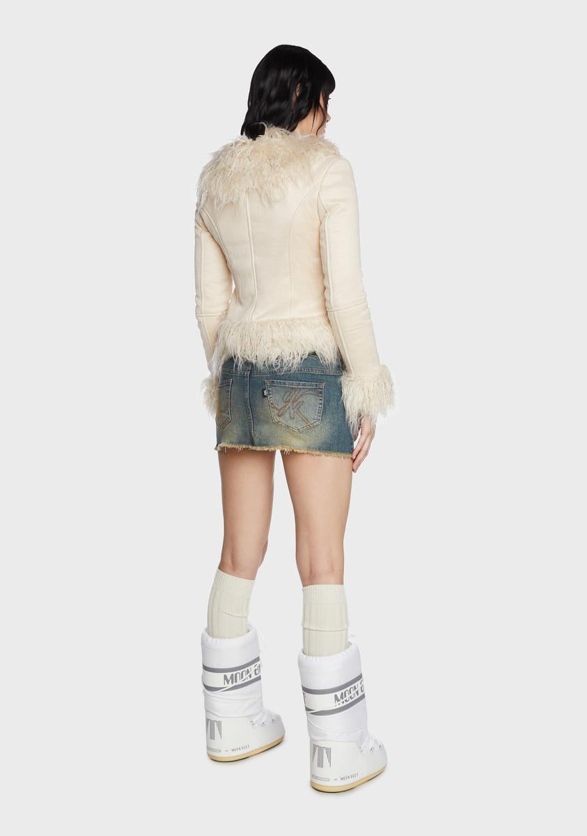 Cream Faux Fur Trim Coat