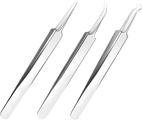 3 Pcs Silver Stainless Steel Blackhead Splinter Remover Tweezers Blackhead Removal Needle Pointed Tweezers Ingrown Hair Tweezers Hair Removal Tweezers
