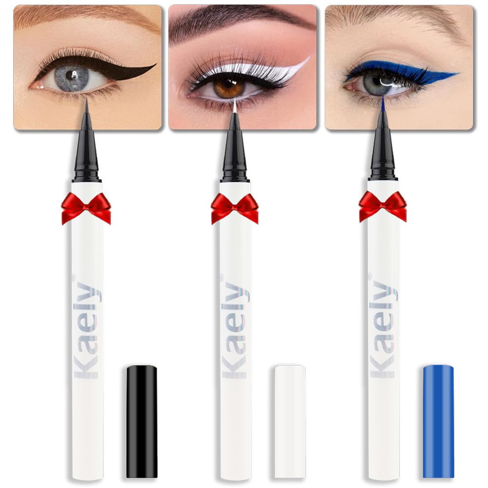 3Pcs Black White Blue Liquid Eyeliner Set,Waterproof Smudge Proof Eyeliner Pencil,Color Colored Eyeliner Stamp,Cat Eye Liner Pen Makeup Stencils,delineadores de colores para ojos,01+03+04