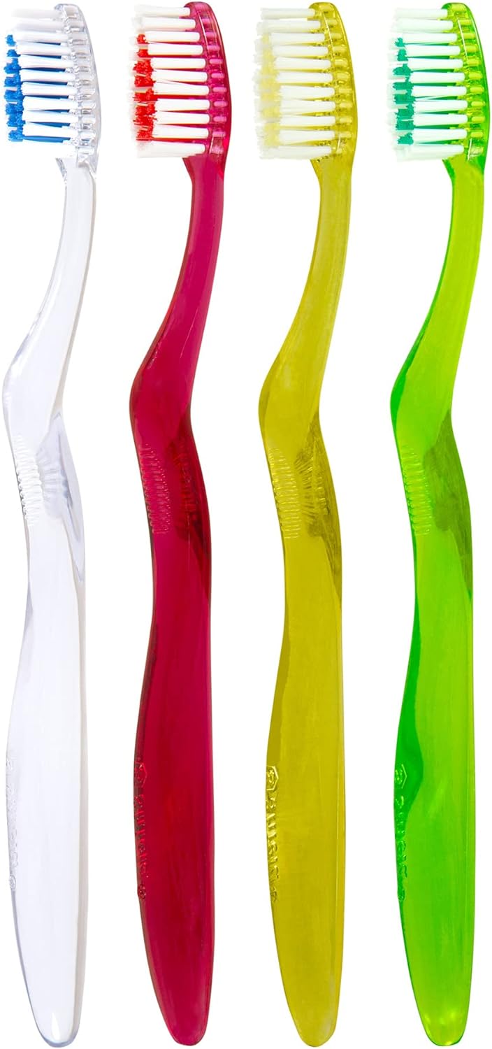 Shield Care Clarity Expert Manual Toothbrush for Sensitive Gums and Strong Teeth, Made with Food Material, Medium Bristles (Red, Green, Yellow, White) 4 Count (Pack of 1)