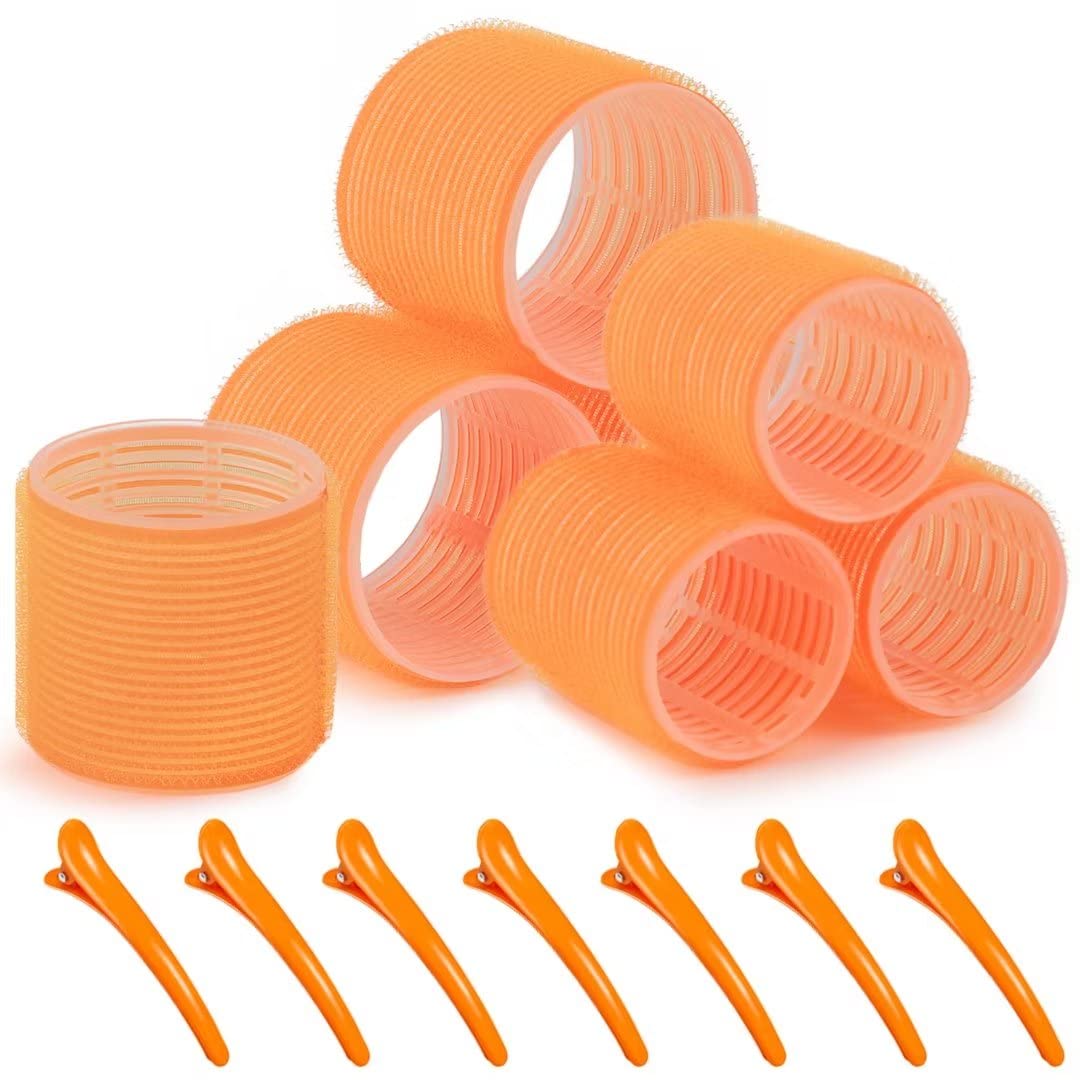 Self grip hair roller set 7 pcs,Heatless hair curlers,Hair rollers with hair roller clips and comb,Salon hairdressing curlers,DIY Hair Styles, Sungenol 2 Sizes Orange Hair Rollers in 1 set