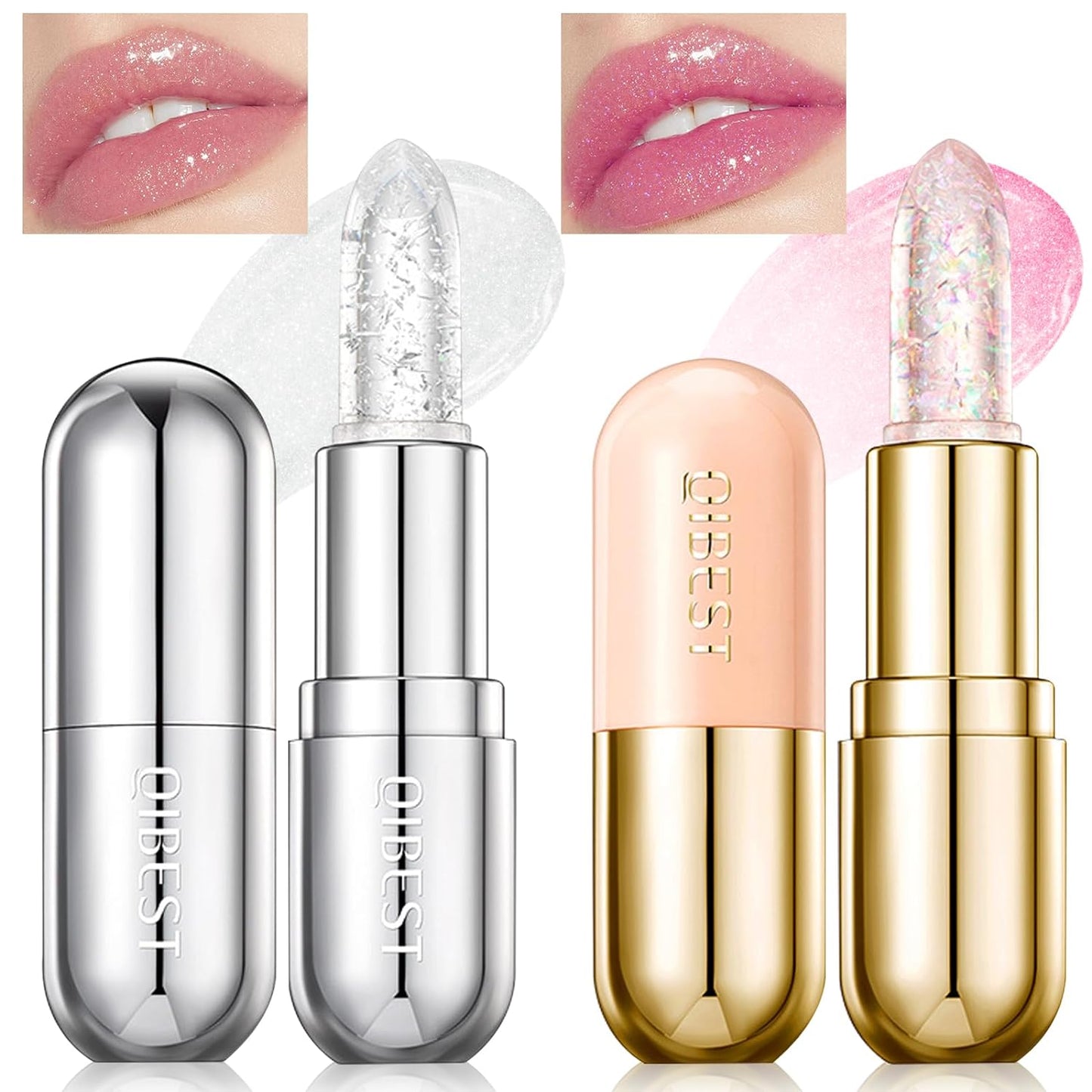 2Pcs Color Changing Lipstick, Glitter Crystal Jelly PH Temperature Color Change Clear Pink Shimmer Lipstick, Long Lasting Moisturizer Lip Balm Korean Magic Lip Gloss Makeup (1+4)