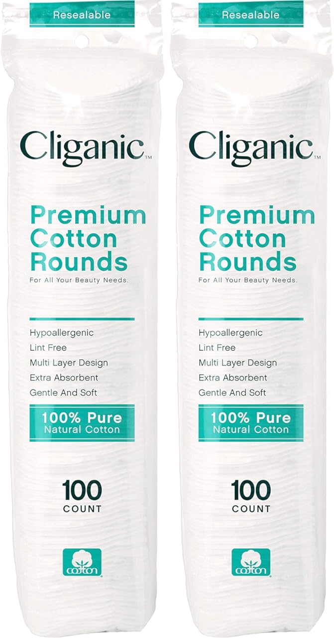 Cliganic Premium Cotton Rounds for Face (200 Count) | Makeup Remover Pads, Hypoallergenic, Lint-Free | 100% Pure Cotton