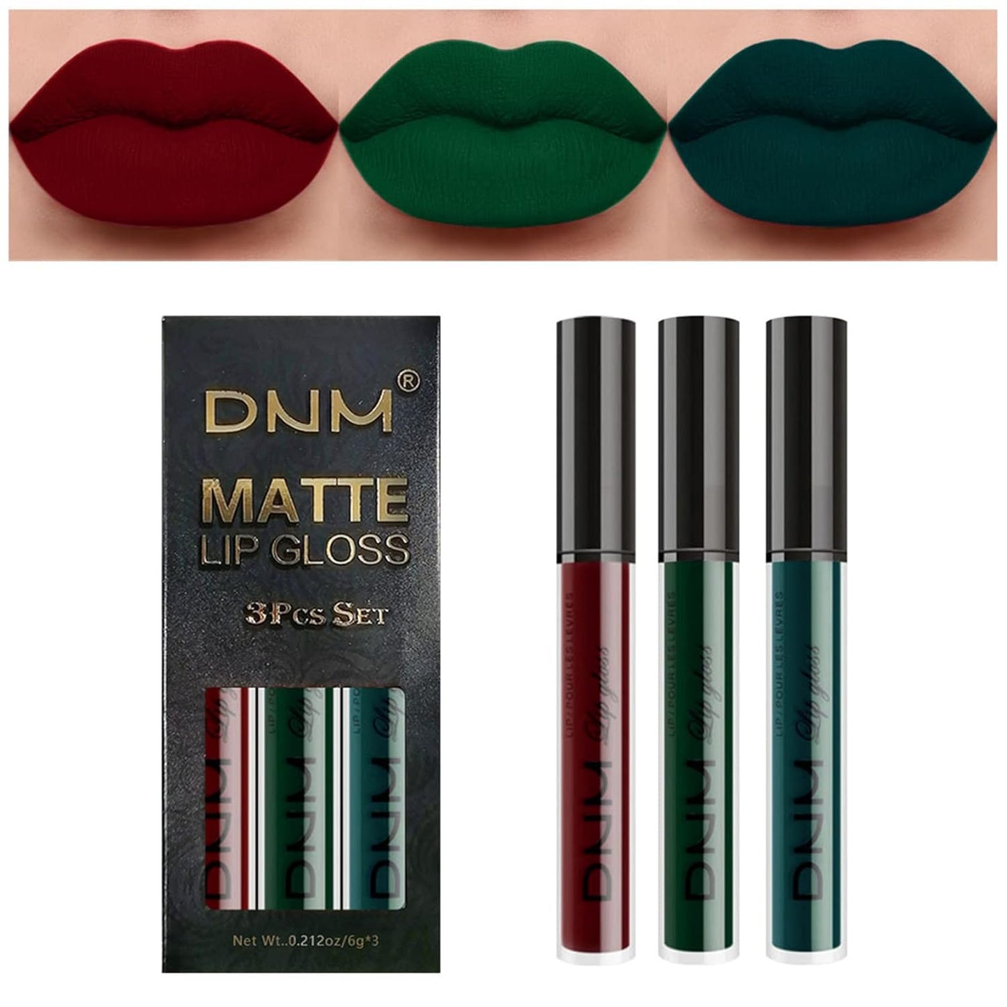 3PCS Dark Cherry Red Green Matte Liquid Lipstick Set Velvet Green Lip Gloss, Non-Stick Cup, Non-Fade Lip Stain Waterproof Long Lasting Lipstick for Halloween Goth Green Lip Makeup-Set 08