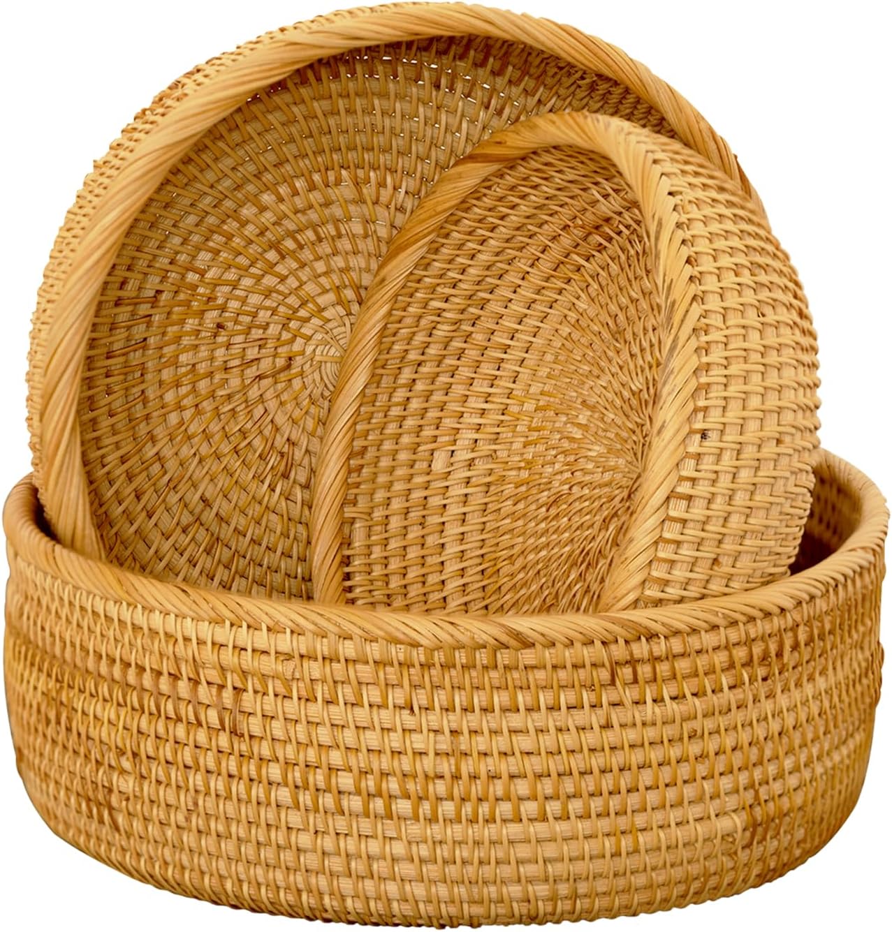 Round Rattan Bread Basket - Bread Baskets for Serving, Bread Serving Basket, Wicker Bowl, Rattan Fruit Basket, Rattan Bowl, Rattan Fruit Bowl for Easter Dinner and Everyday Use, Set of 3