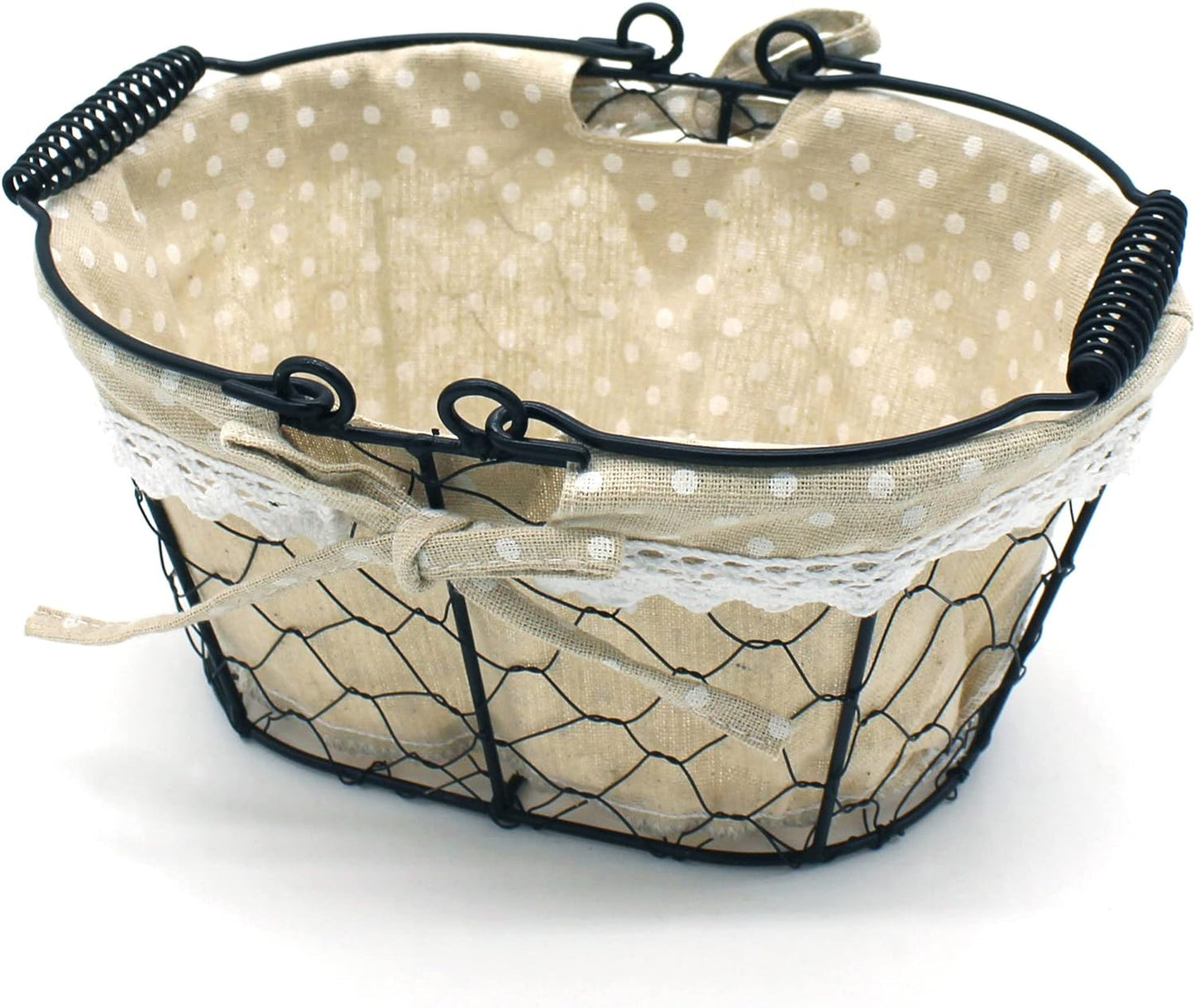 CVHOMEDECO. Oval Chicken Wire Fruit Basket Rustic Bread Basket with Swimming Handle and Fabric Liner. Matt Black, 9-3/4 X 6-3/4 X 4-1/2 Inch