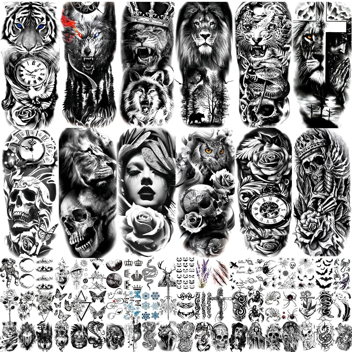 JEEFONNA 72 Sheets Temporary Tattoo for Men Women Adults, Include 12 Sheets Large Black 3D Realistic Tattoos Half Sleeve Temporary Tattoos, Include Black Scary Lion Wolf Tiger Skull Fake Tattoos É