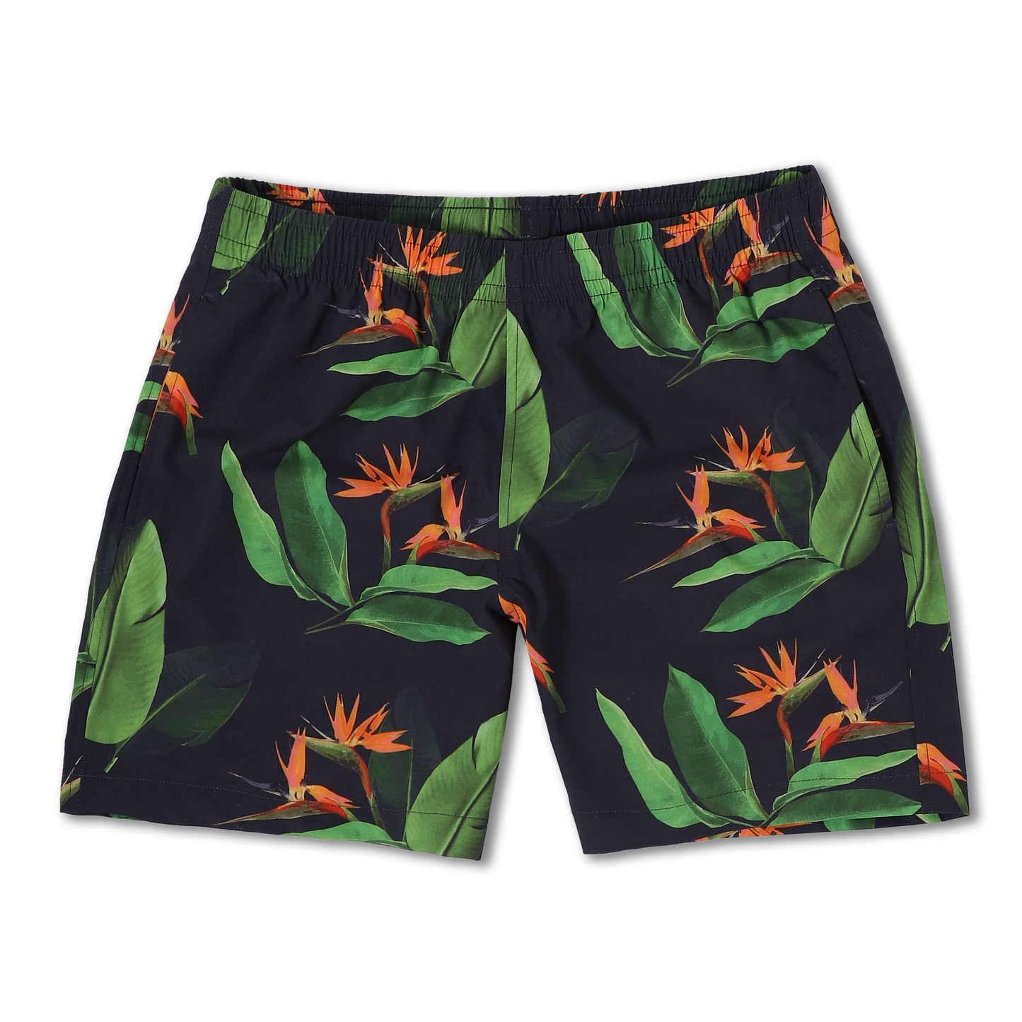Cabana Short 5.5" Paradise a black print with birds of paradise on a short with an elastic waistband and two side seam pockets