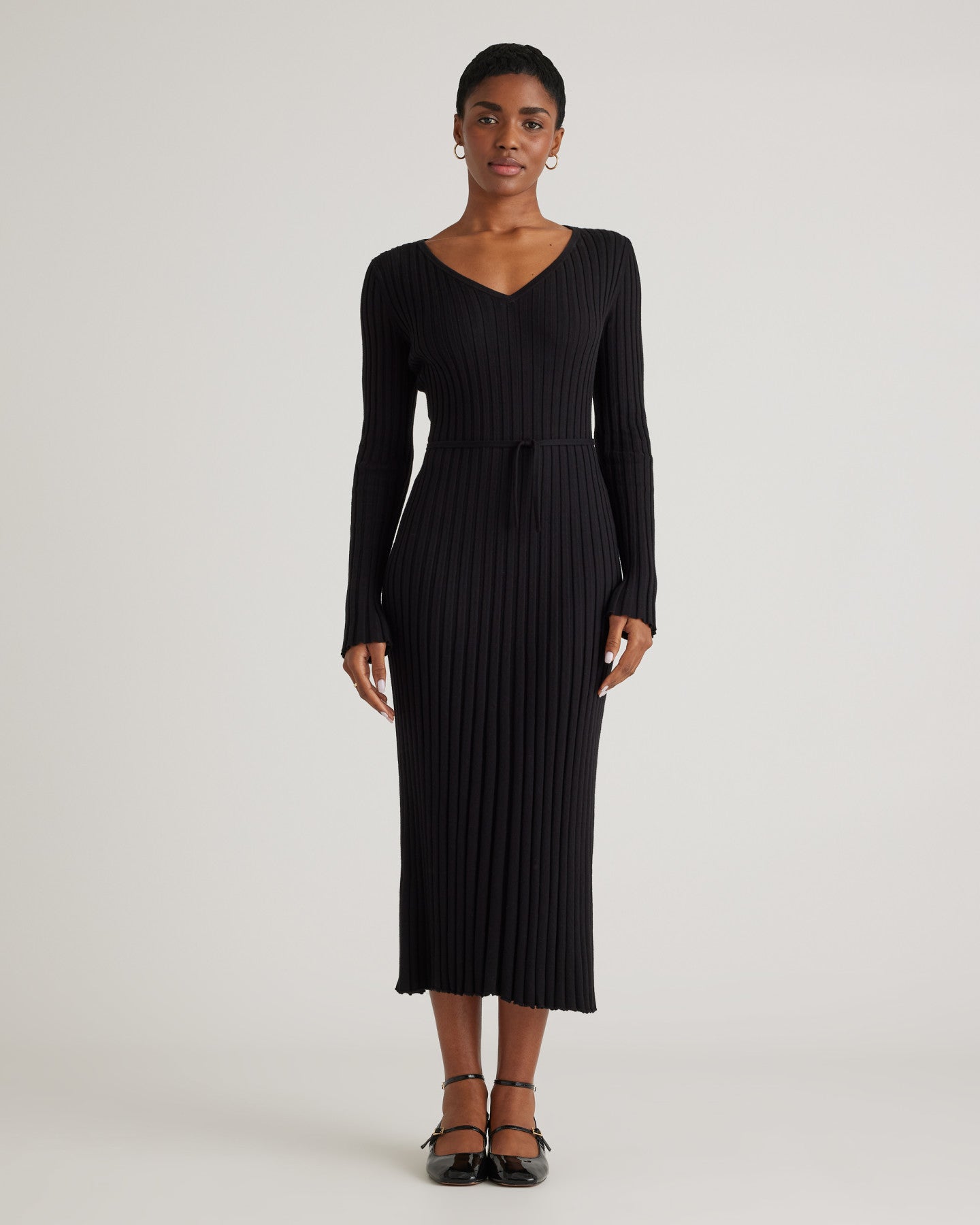 Cotton Cashmere Ribbed Long Sleeve V-Neck Midi Dress