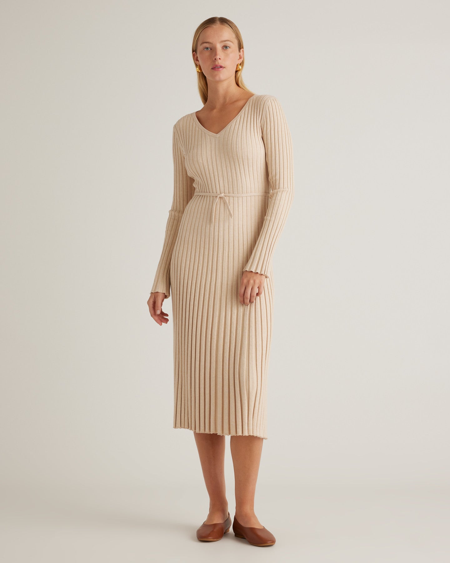 Cotton Cashmere Ribbed Long Sleeve V-Neck Midi Dress