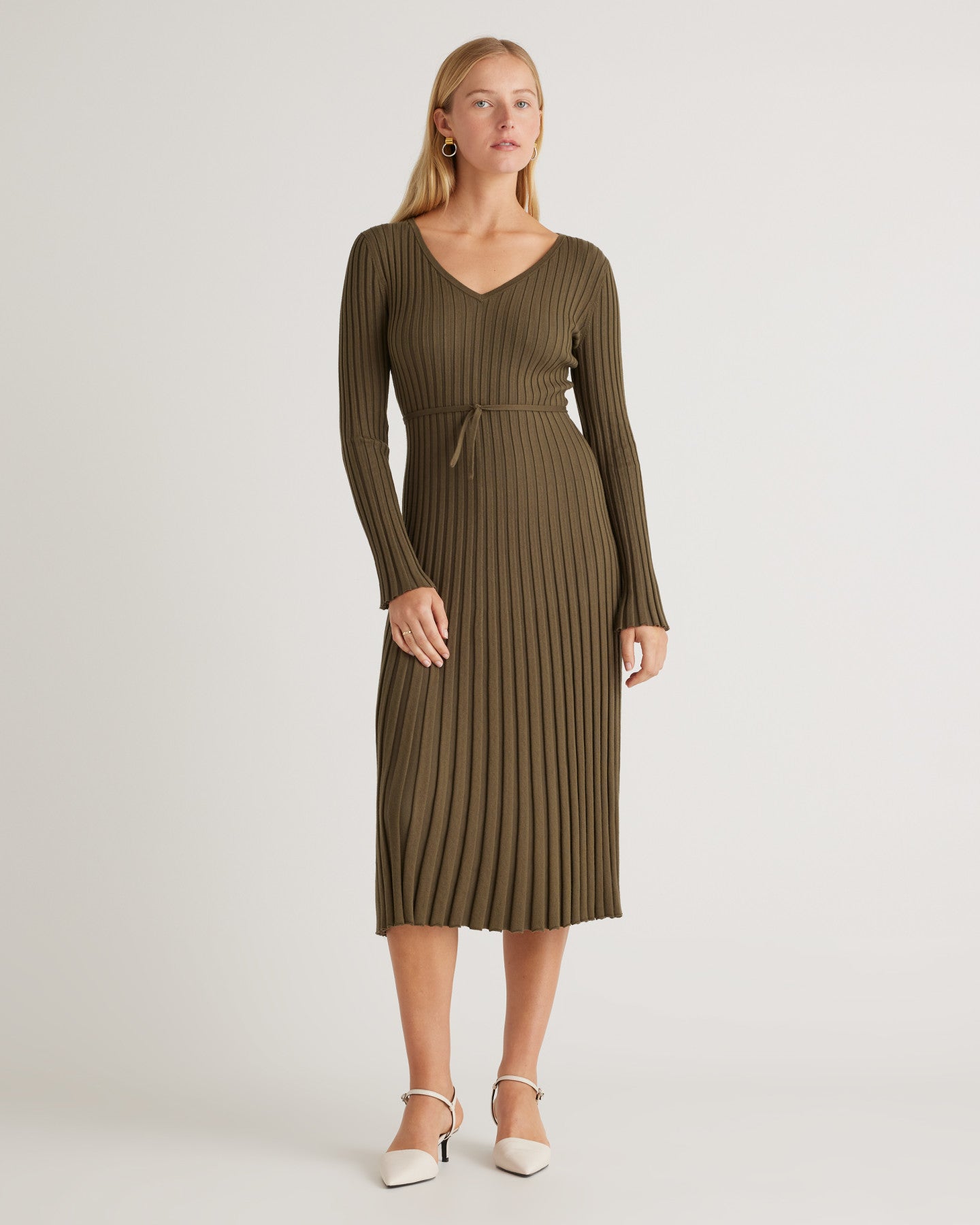 Cotton Cashmere Ribbed Long Sleeve V-Neck Midi Dress
