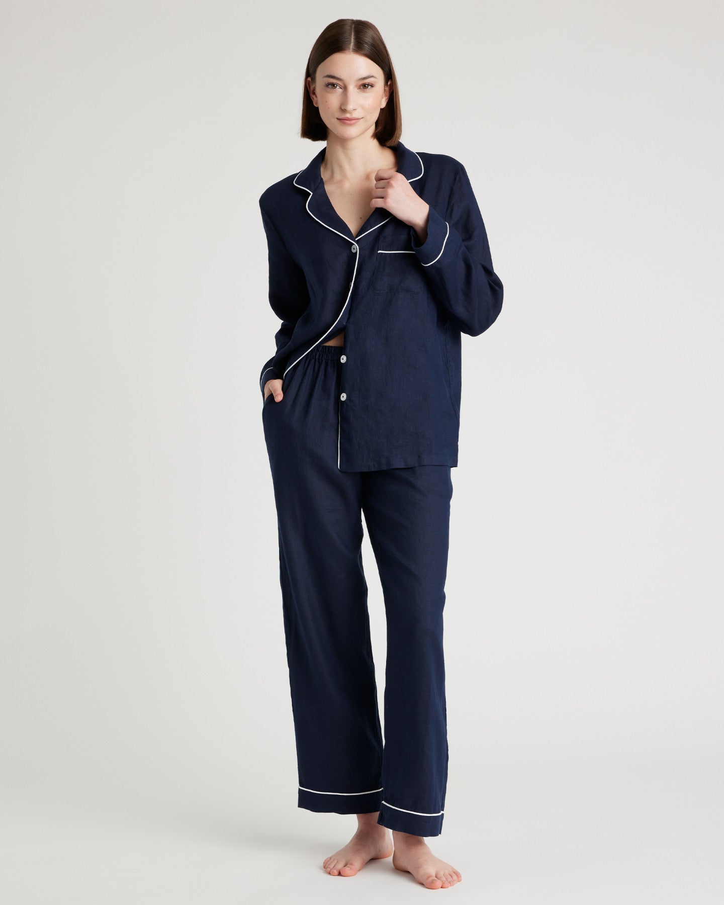 100% European Linen Long Sleeve Pajama Set with Piping