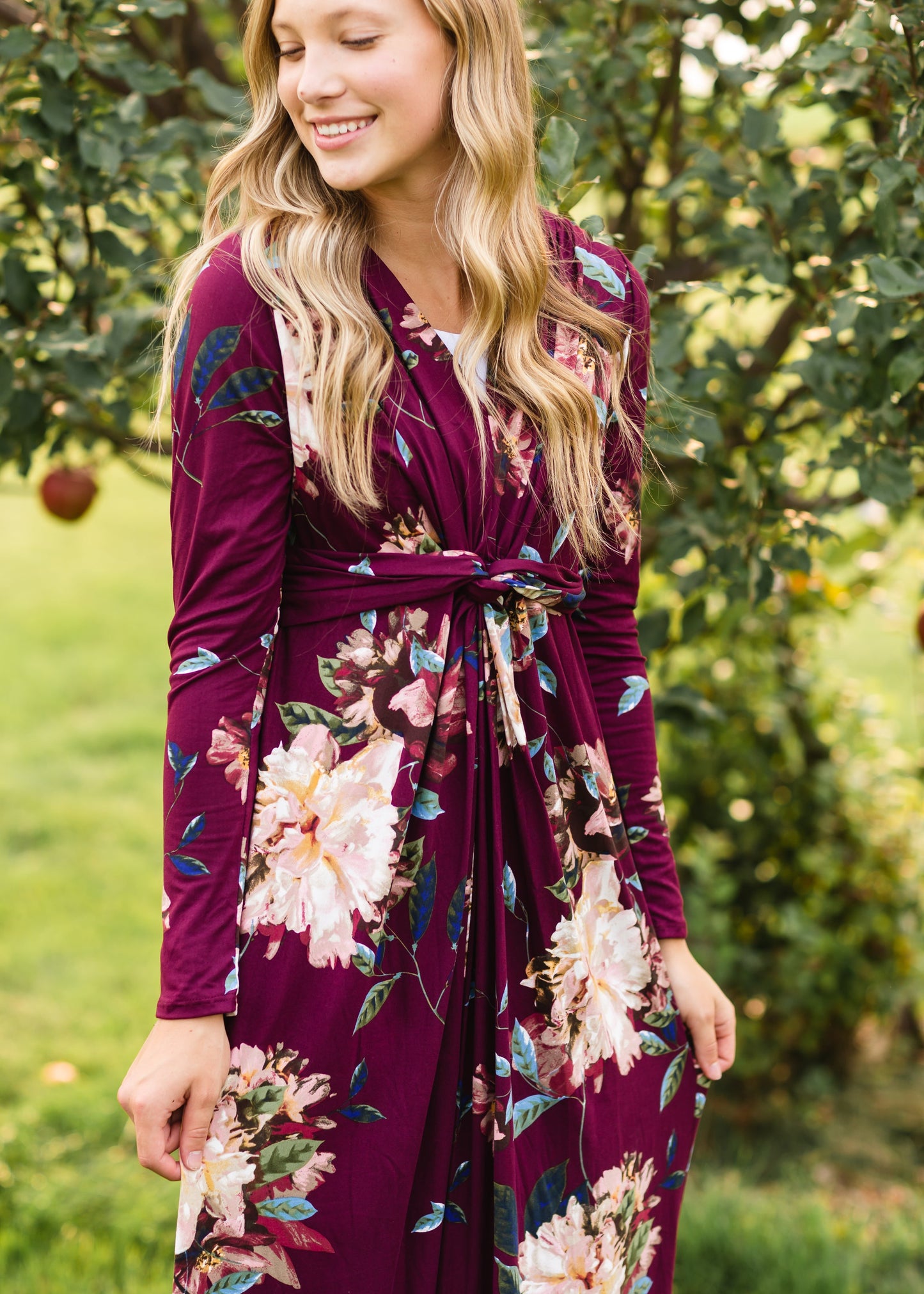 Burgandy Twist Front Floral Maxi Dress - FINAL SALE