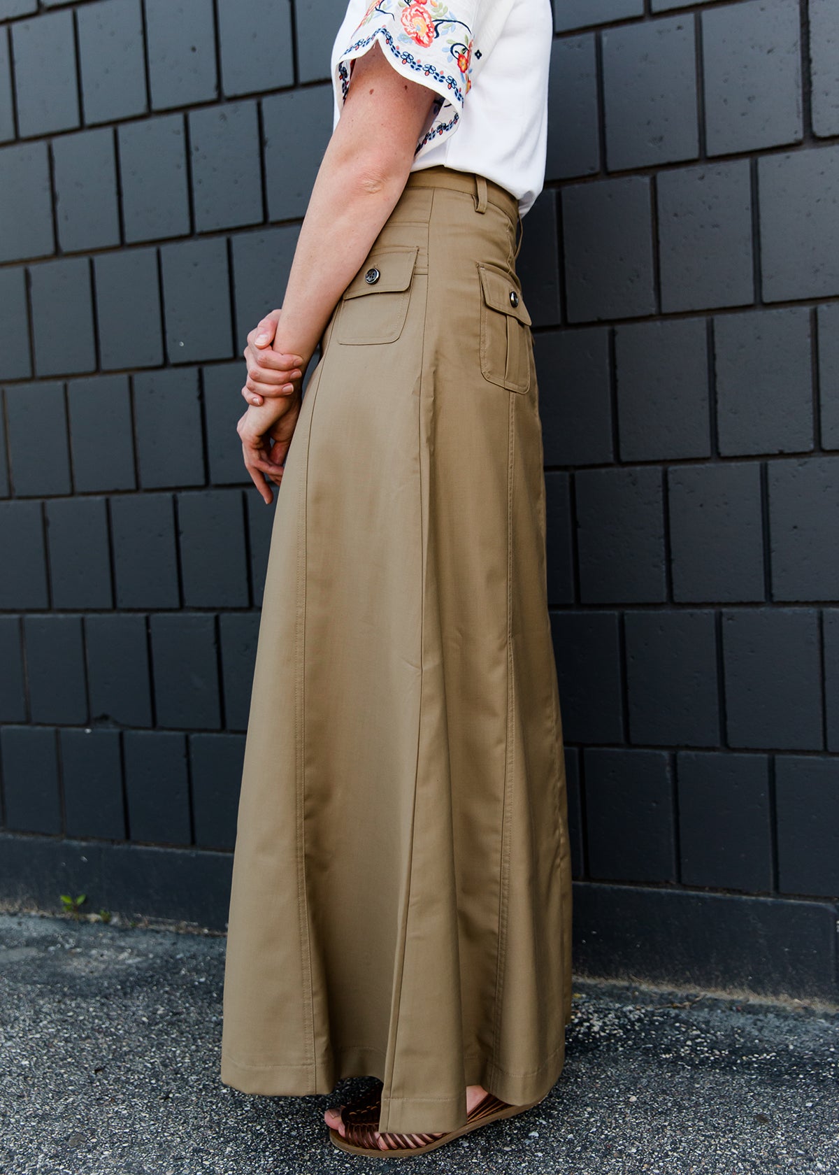 Comfy A-Line Long Khaki Skirt