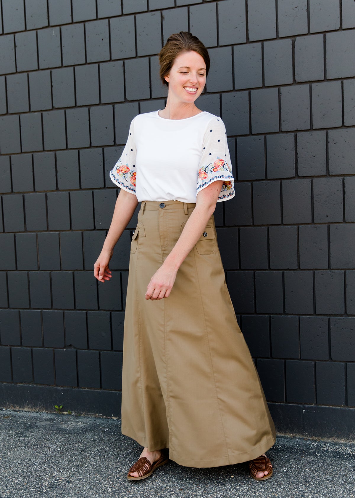 Comfy A-Line Long Khaki Skirt