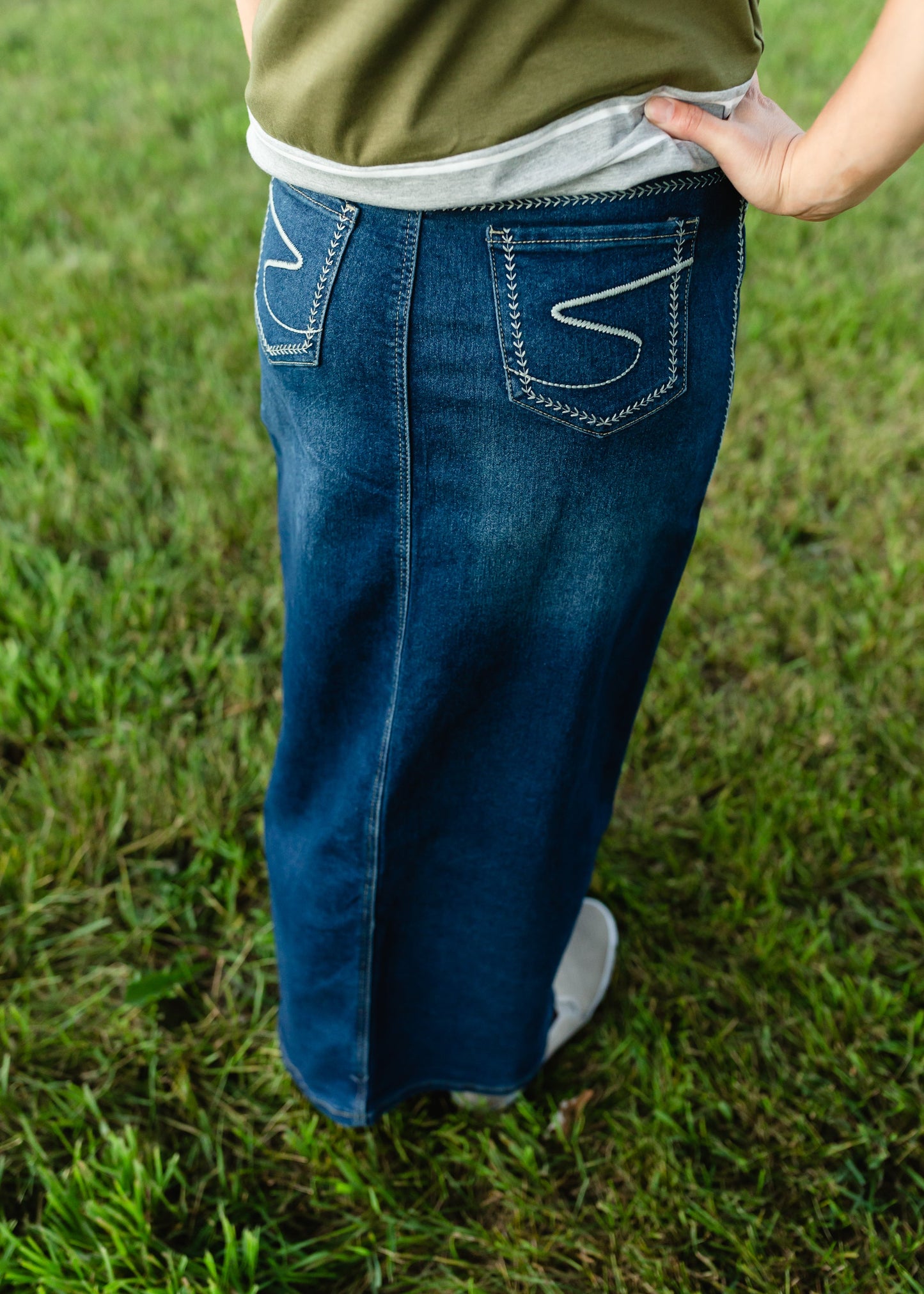Fly Stitch Detail Long Denim Skirt