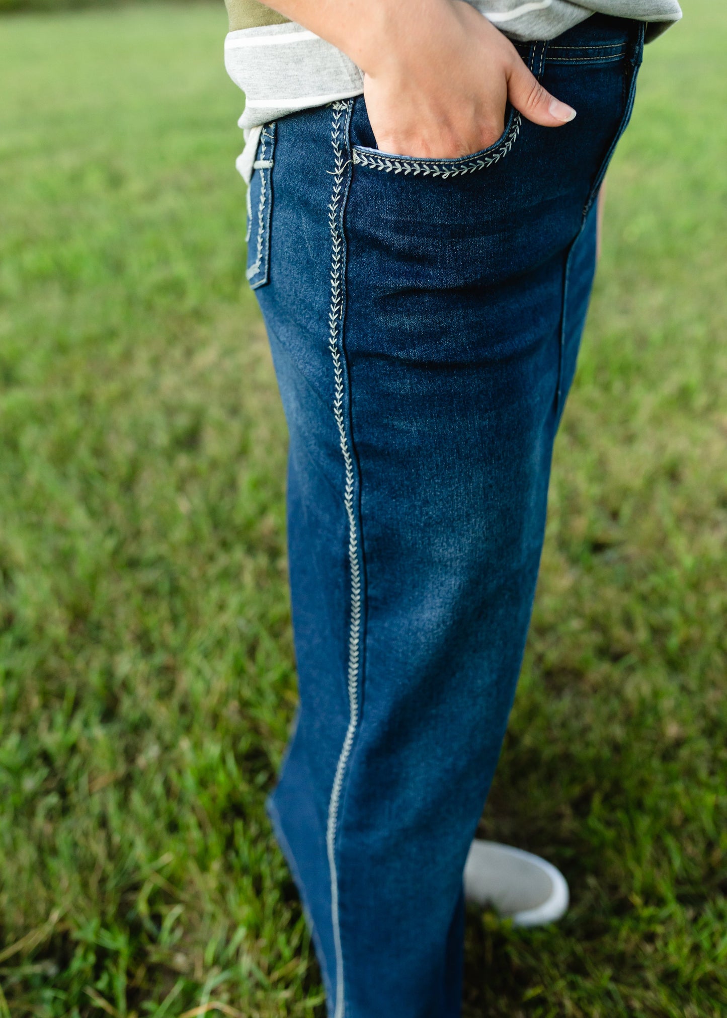 Fly Stitch Detail Long Denim Skirt