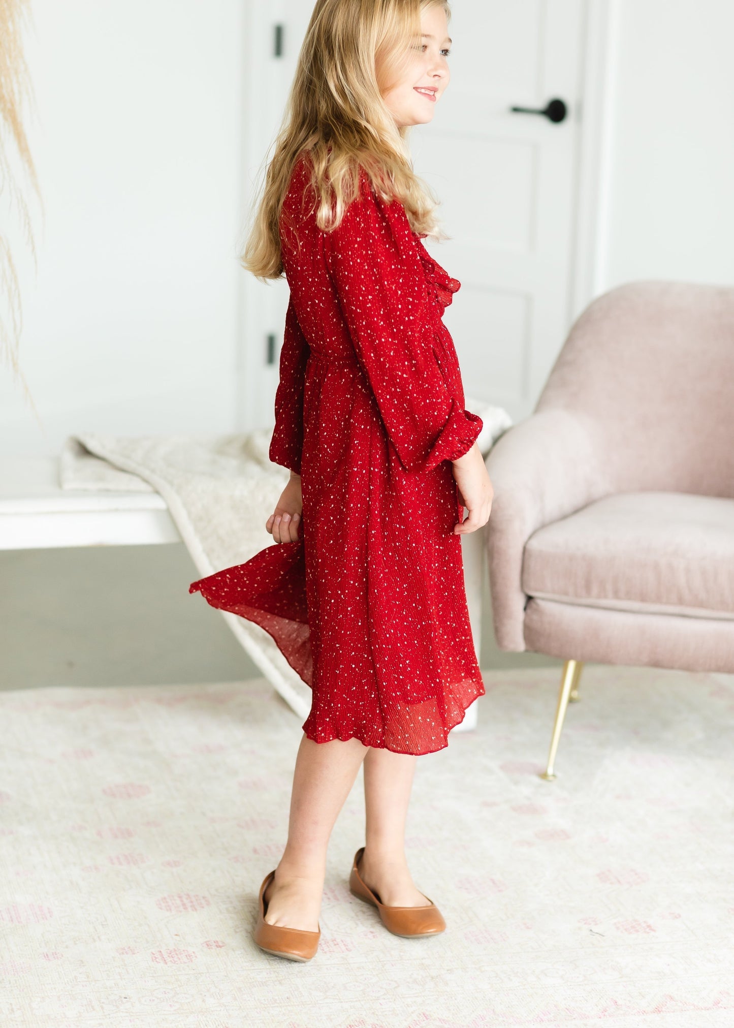Girls Red Ruffle Front Midi Dress