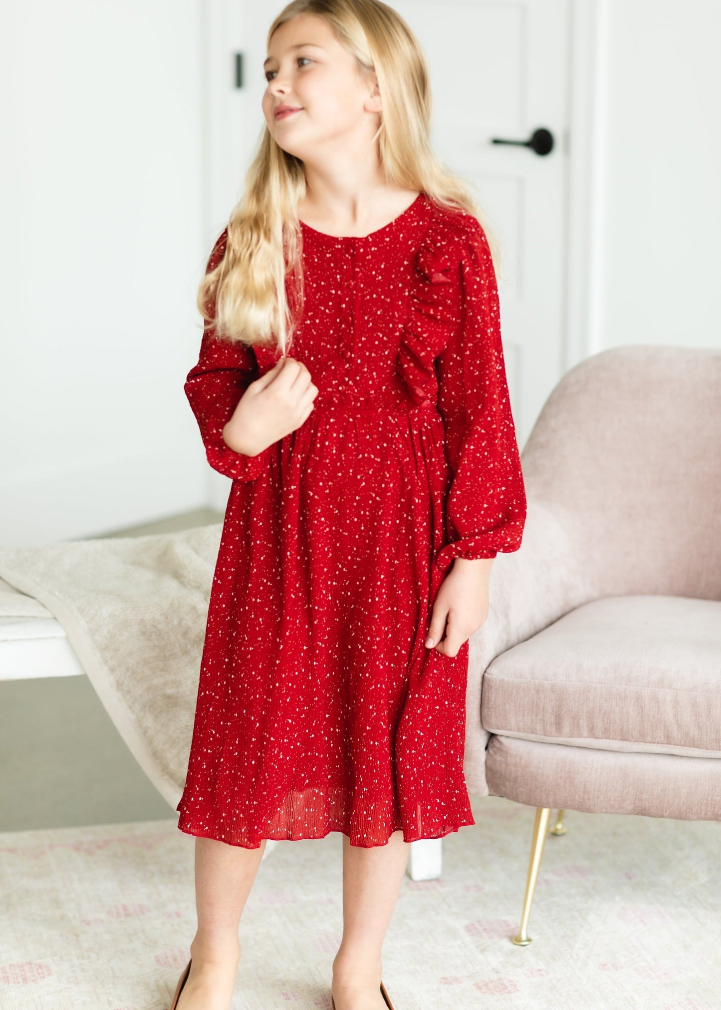 Girls Red Ruffle Front Midi Dress