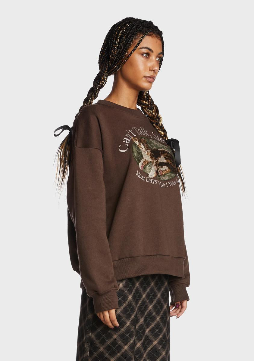 Can't Talk Cat Embroidered Sweatshirt
