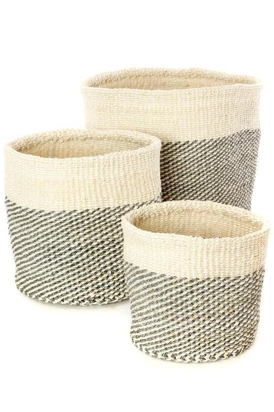 Set of Three Gray and Cream Twill Sisal African Nesting Baskets