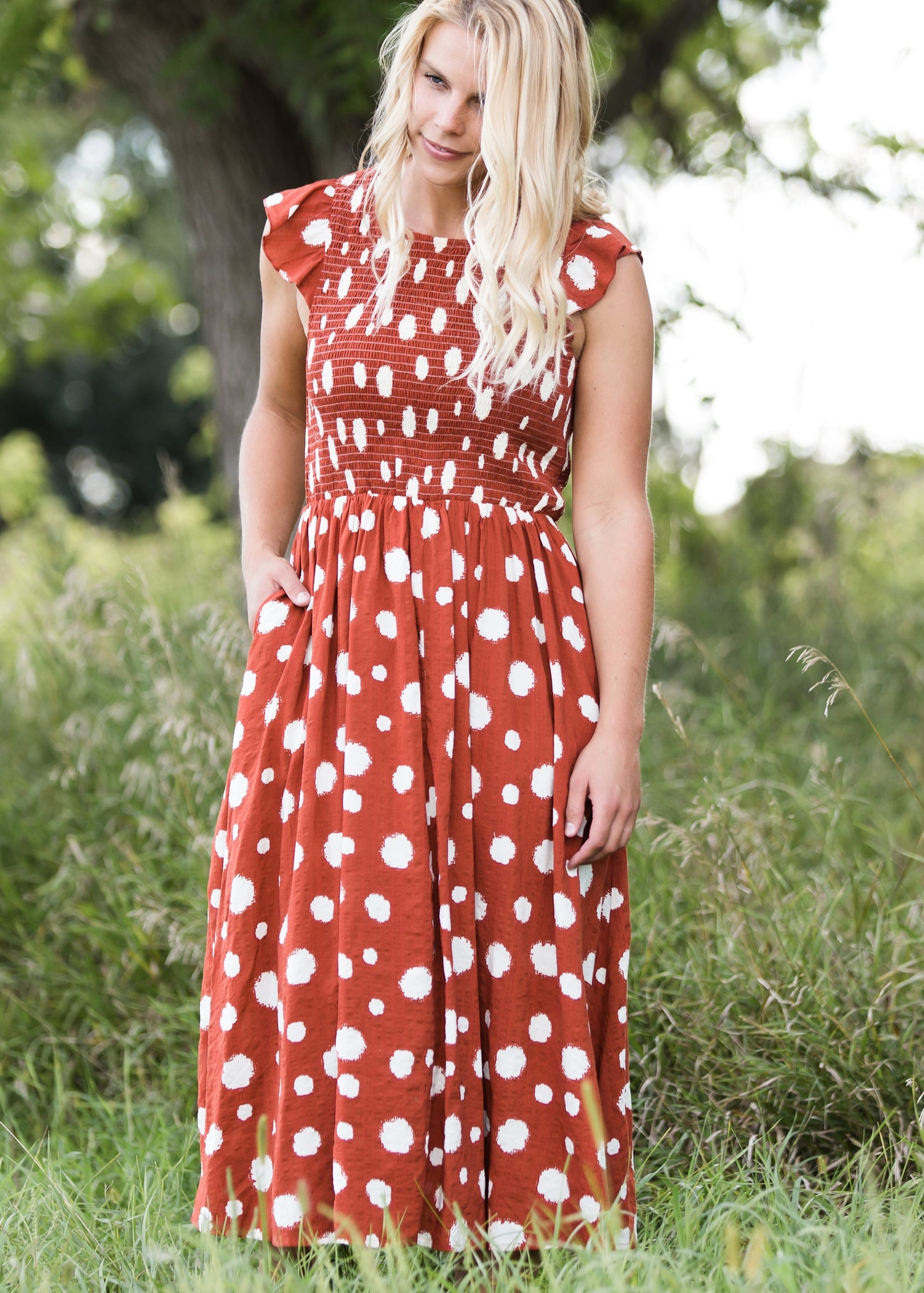 Smocked Brush Detail Midi Dress