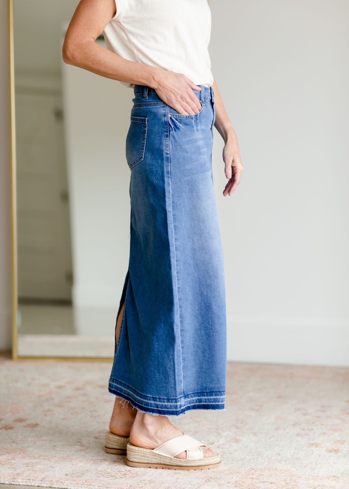 Stacy Raw Hem Long Denim Skirt