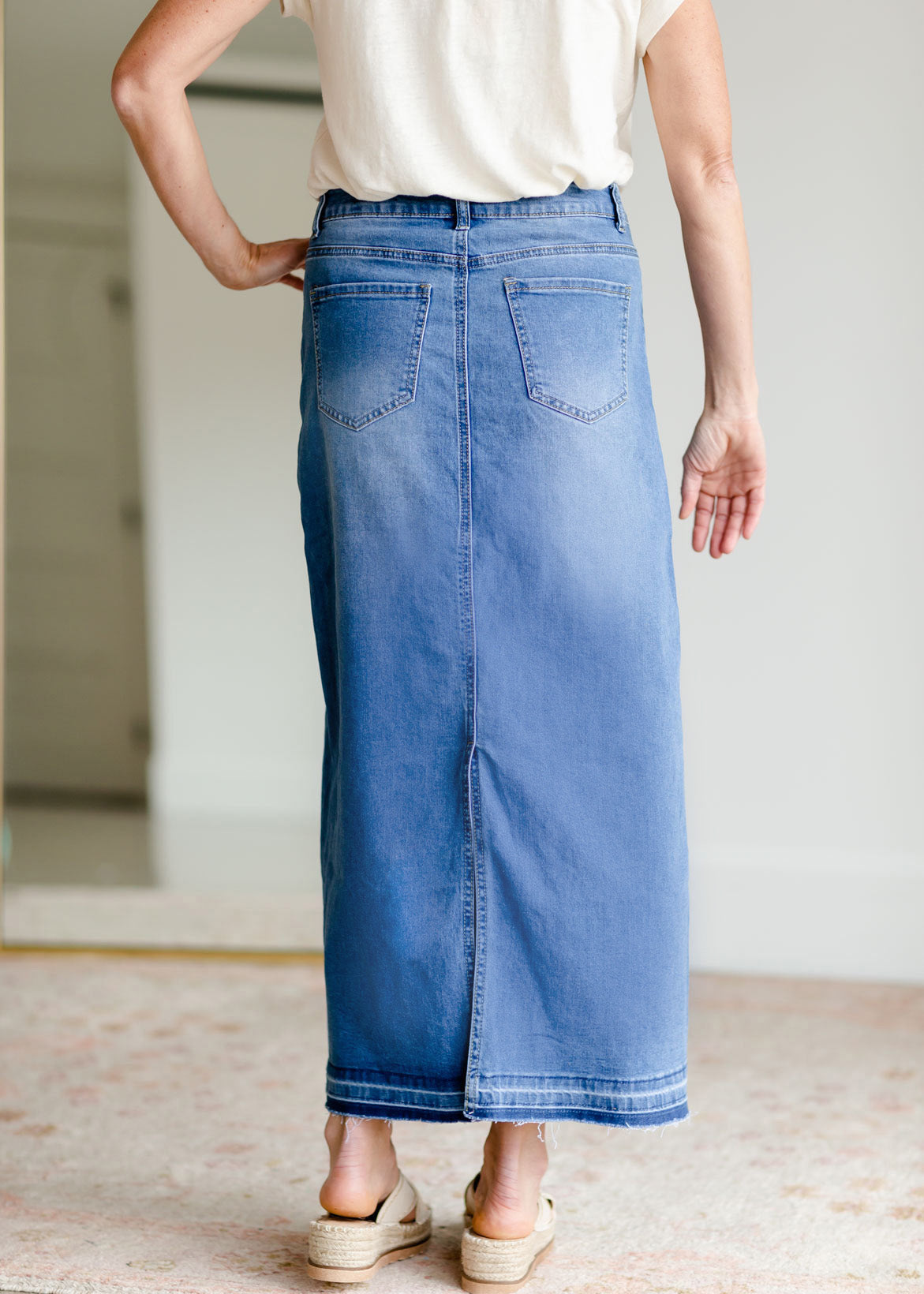 Stacy Raw Hem Long Denim Skirt
