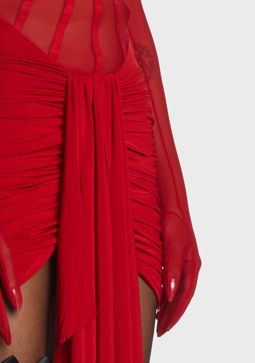 Red Sheer Dress With Gloves
