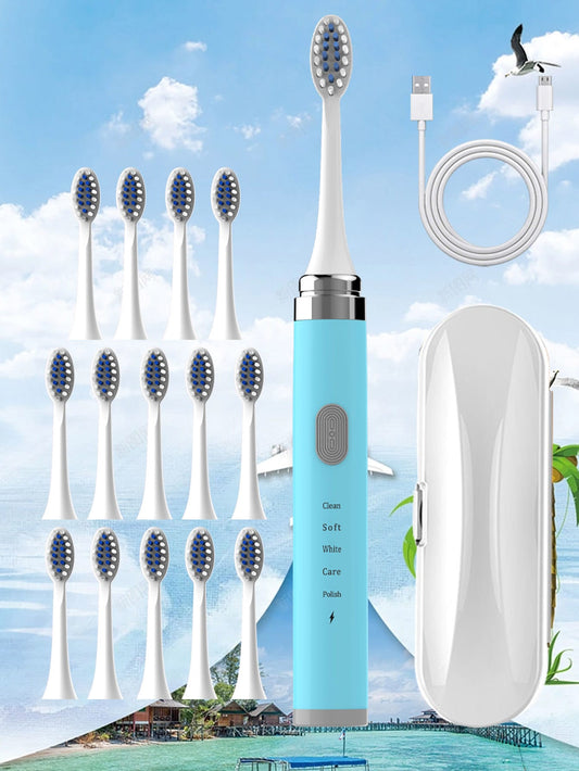 Adult Electric Toothbrush Chargeable Model F With Blue Travel Case (comes With 15 Brush Heads), Soft S, Rechargeable Toothbrush For Men And Women. It Has Replaceable Brush Heads And Cleans Teeth Without Any Dead Angles. Ipx7 Waterproof Rating,
