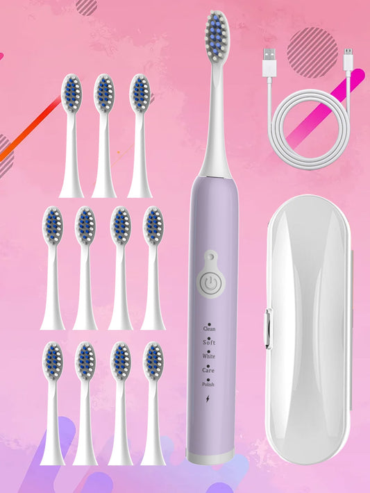Adult Electric Toothbrush Model Charging-h Purple Travel Box (12 Brush Heads Included) Soft S, Rechargeable, Replaceable, Cleans Teeth Thoroughly With Ipx7 Waterproof Grade And One Button Start Function For Both Men And Women
