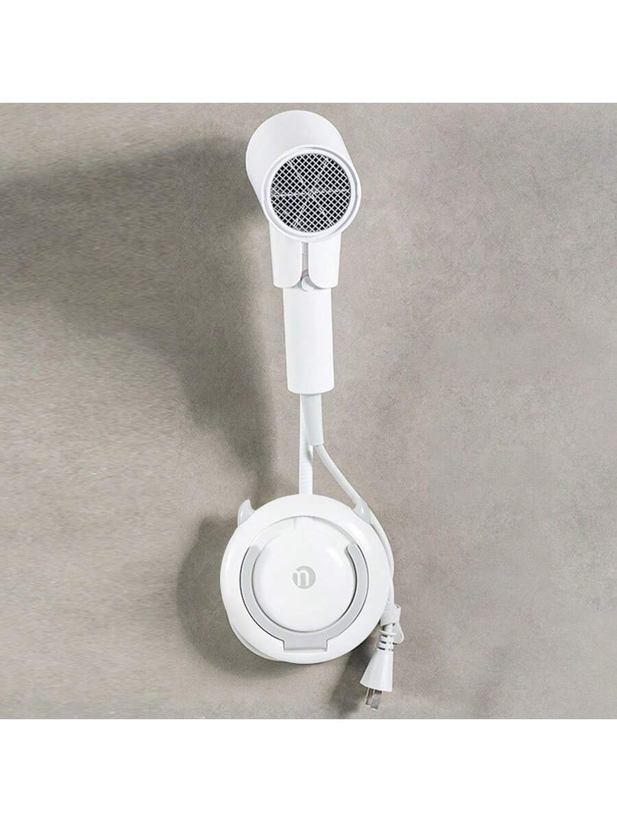 1PC,wall-mounted hands-free hairdryer cartoon holder, bathroom lazy air dryer shelf, free your hands no-punch hairdryer hanging rack, white