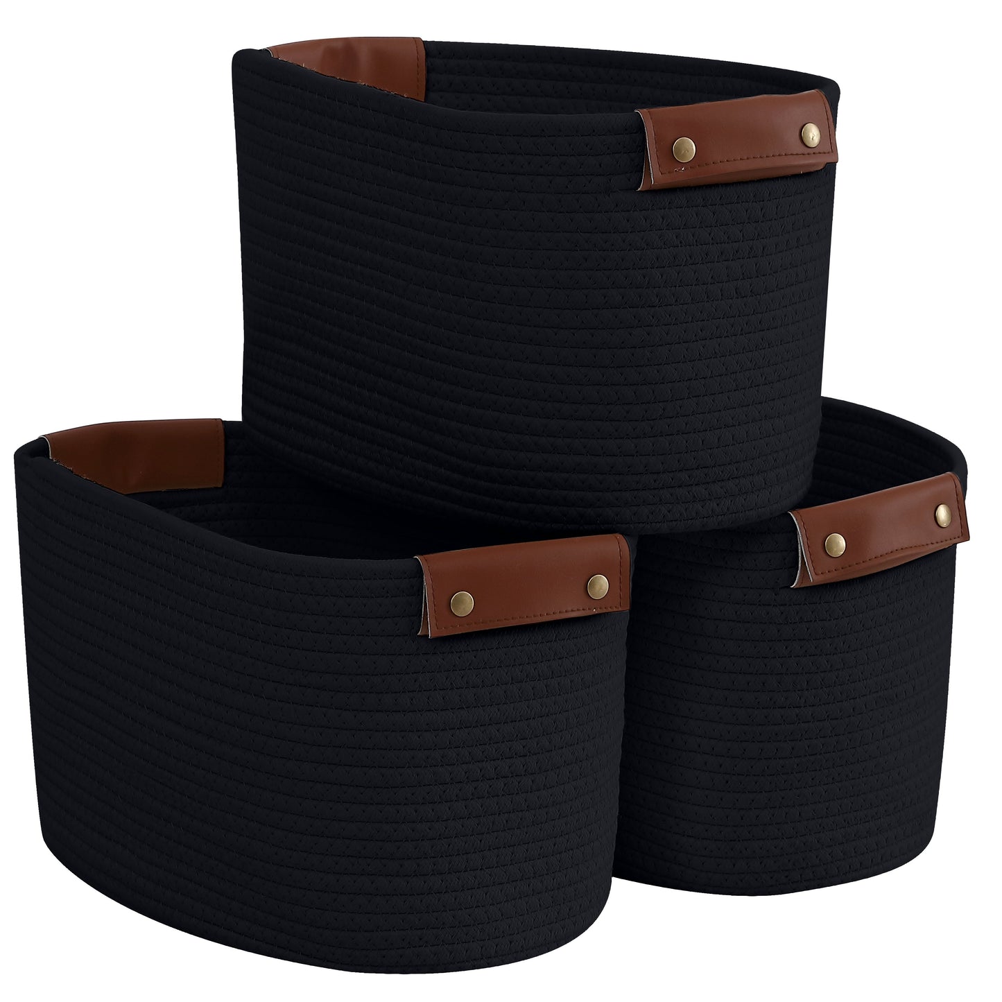 Woven Cotton Rope Shelf Storage Basket with Leather Handles (3 Pack)