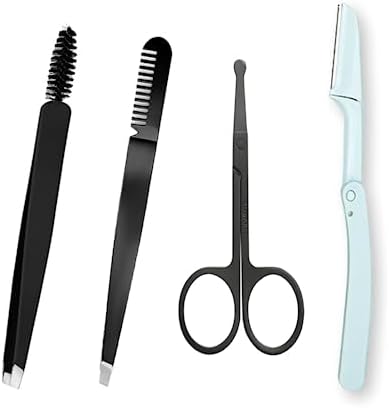 Eyebrow Tweezer Set 4 in 1 Eyebrow Kit,Pro Eyebrow Grooming Set, Eyebrow Trimmers Set Including Eyebrow Razor,Trimmer, Brush, Eyebrow Scissors,Tweezers for Facial Hair, Splinter & Ingrown Hair Removal