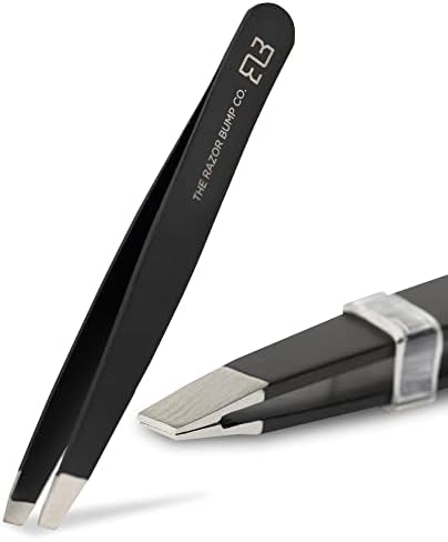 Slant Tweezers By The Razor Bump Co. | Stainless Steel, Surgical | Professional Tweezers For Women and Men | Best Precision Splinter, Facial, Ingrown Hair, Eyelash, and Eyebrow Trimming Tool (Black)