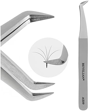 Volume Lash Tweezers Beyelian Lash Tweezers for Eyelash Extensions, Curved L High Precision Tip for Mega Fans, Stainless Steel AS09 Silver.
