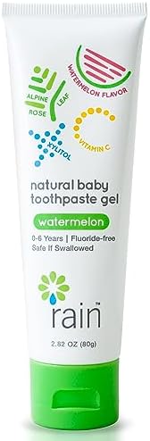 Rain Natural Baby Fluoride Free Kids Toothpaste Gel - Safe to Swallow Infant Toddler Tooth Paste, 2.8 Oz, Babies Training, Ages 6 to 12 months and Up Vitamin C Watermelon Toothpaste for Kids 0-6 years