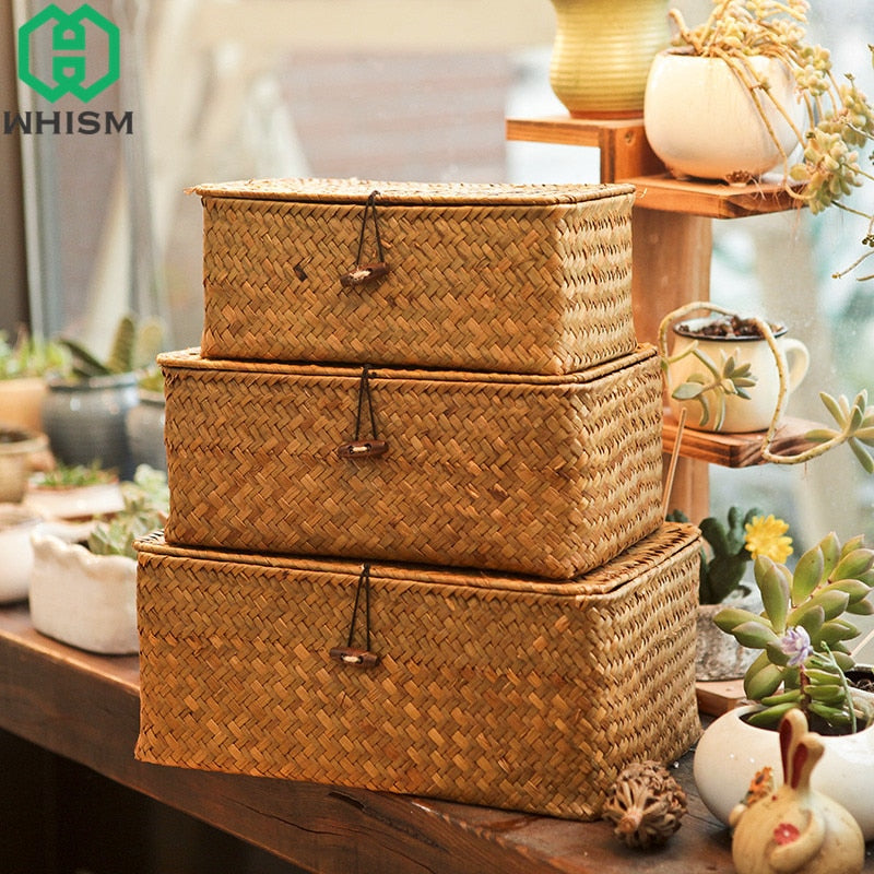 WHISM Wicker Woven Storage Basket With Lid Rattan Sundries Storage Box Basket Handmade Sorting Boxes Seagrass Jewelry Organizer