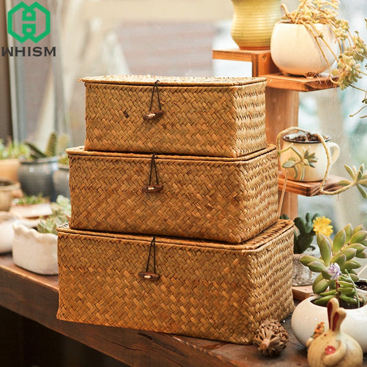 WHISM Wicker Woven Storage Basket With Lid Rattan Sundries Storage Box Basket Handmade Sorting Boxes Seagrass Jewelry Organizer