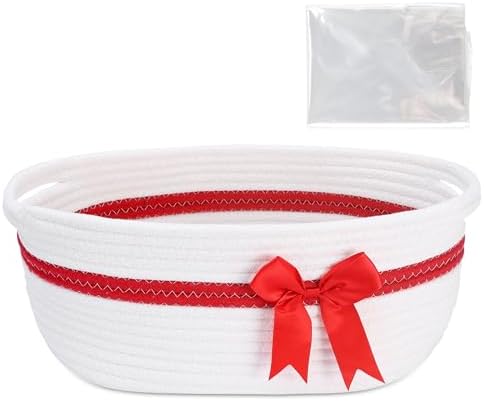 Yeeeasy Gift Basket with Bow and Gift Bag Simplicity Home Decor Rope Basket for Valentines Day Gifts Empty 13.5"X 8.5" X 5.5" Storage Basket Baby Toy Basket with Handles, White