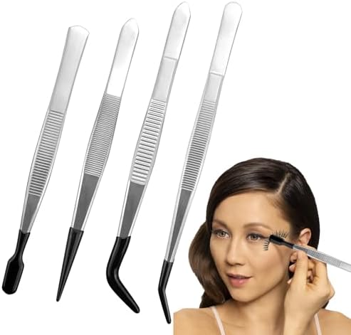 4 Pack Tweezers with Rubber Tips Set Stainless Steel Eyelash Tweezers Straight Bent Tip with Black Rubber Industrial Tools for Beauty Eyelash Jewelry Coin Stamp