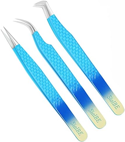 Eyelash Extension Tweezers-3 Pcs Diamond Grip Lash tweezers For Eyelash Extensions-SialBE Straight And Curved L-Shape Eyelash Tweezers, Tweezers For Eyelash Extensions With Silver Tip