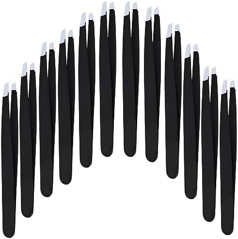 Best Slanted 12 piece eyebrow tweezers bulk tweezers individual wrapped precision stainless steel slant tip tweezers in bulk slant tweezers pack for women facial hair removal men tool set black color