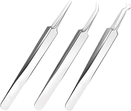 3 Pcs Silver Stainless Steel Blackhead Splinter Remover Tweezers Blackhead Removal Needle Pointed Tweezers Ingrown Hair Tweezers Hair Removal Tweezers
