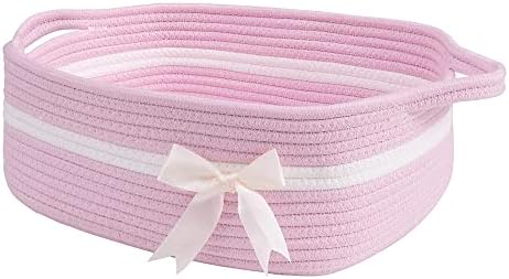 CHICVITA Pink Baby Girl Gift Basket, Small Woven Rope Basket, Rectangle Shelf Basket for Bathroom, Cute Nursery Storage Basket for Toys, Diapers, Towels, Snacks, 13 x 9.8 x 4.9 inches