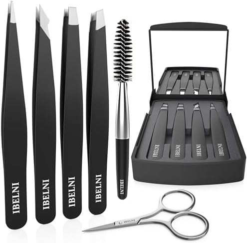 Tweezers Set with Mirror Case - Tweezers for Women facial hair-Professional Twizzers Facial Hair Tweezers for Eyebrows- Stainless Steel Tweezer kit with mirror compact (Black)