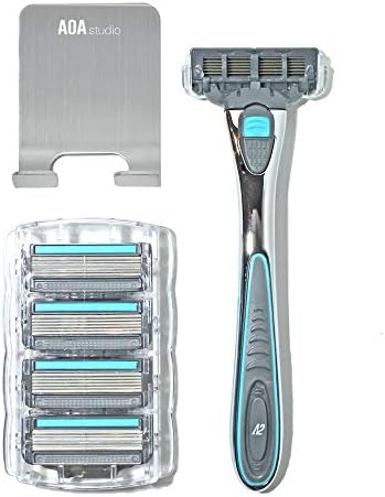 AOA Men's 6 Blade Razor Kit 7pcs in Kit Including 1pc Handle 5pcs Swedish Six-Blade Heads 1pc Stainless Steel Shower Hook Lubricating Aloe Vitamin E Strip for Comfortable Close Shave