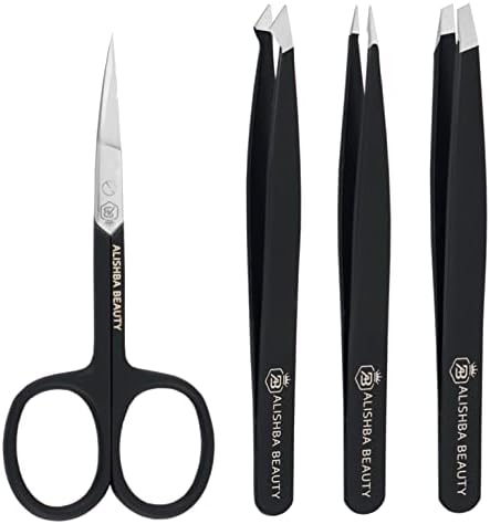 Alishba Beauty Eyebrow & Ingrown Hair Removal Tweezers & Scissor Plucking Tweezers for Men, Women & Kids, Stainless Steel (Set of Three Tweezer & one Scissor) (BLACK)