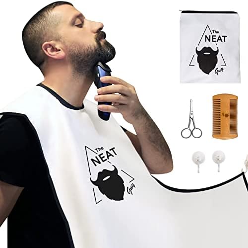 The Neat Guy 5-Piece Beard Apron Kit - Non-Stick Beard Catcher/Bib + 2 Strong Suction Cups + Comb + Scissor + Bag for Mess-Free Shaving, Best Gift for Men (Set White)