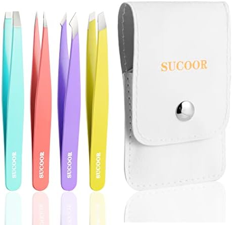 SUCOOR Tweezers Set - 4Pcs Professional Stainless Steel Tweezers, Best Precision Tweezers Set for Shaping Eyebrows, Great Beauty Tools for Facial Hair, Ingrown Hair, Blackhead Removal.(Multi-color)